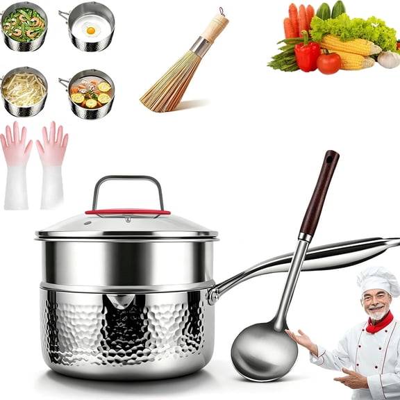 Titanium Saucepan, 7.08" Non-Stick Pan Pot with Lid/Steamer, Titanium Pans for Cooking, Hammered & Dual-Pour Spouts Design, Suitable for All Stovetops, Lifetime Cookware, Chemical-Free