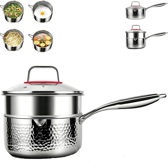 Titanium Saucepan, 7.08" Non-Stick Pan Pot with Lid/Steamer, Titanium Pans for Cooking, Hammered & Dual-Pour Spouts Design, Suitable for All Stovetops, Lifetime Cookware, Chemical-Free (No Steamer)