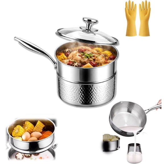 Titanium Saucepan with Lid No Coating Non Stick Hammered Titaniums Pans for Cooking Fast Even Heating Dual Pour Spouts Compatible with All Cooktops with Steamer