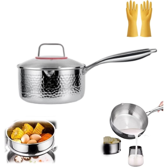Titanium Saucepan with Lid No Coating Non Stick Hammered Titaniums Pans for Cooking Fast Even Heating Dual Pour Spouts Compatible with All Cooktops with Steamer1.5-4 Quart (Silver(NO Steamer), 8.6in)