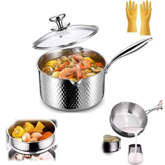 Titanium Saucepan with Lid No Coating Non Stick Hammered Titaniums Pans for Cooking Fast Even Heating Dual Pour Spouts Compatible with All Cooktops with Steamer