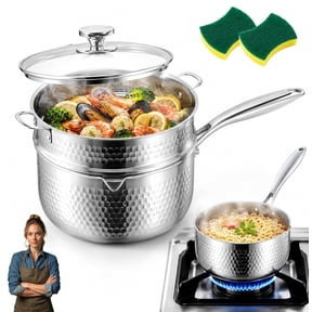 Titanium Saucepan with Lid Pure Hammered Cooking Pot No Coating Non Stick Multipurpose Sauce Pan Fast Even Heating Dual Pour Spouts Compatible Induction Gas Electric Cooktops(With Steamer+Lid,7.87in)