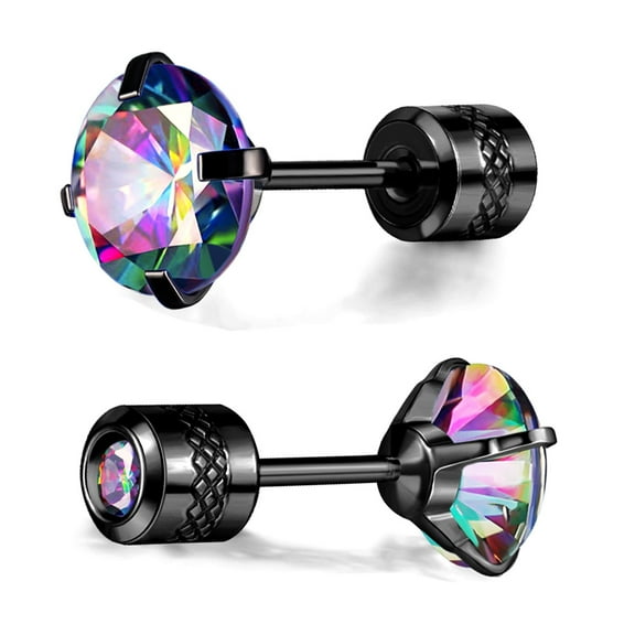 Titanium Screw Back Earrings Black Surgical Stainless Steel Rainbow Cubic Zirconia Fake Diamond Flat Back Stud 316L Hypoallergenic for Sensitive Ear for Women Men Teen CZ Twist Piercing Post