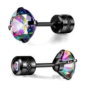 GEMSME JEWELRY Titanium Screw Back Earrings Black Surgical Stainless Steel Rainbow Cubic Zirconia Fake Diamond Flat Back Stud 316L Hypoallergenic for Sensitive Ear for Women Men Teen CZ Twist Piercing Post