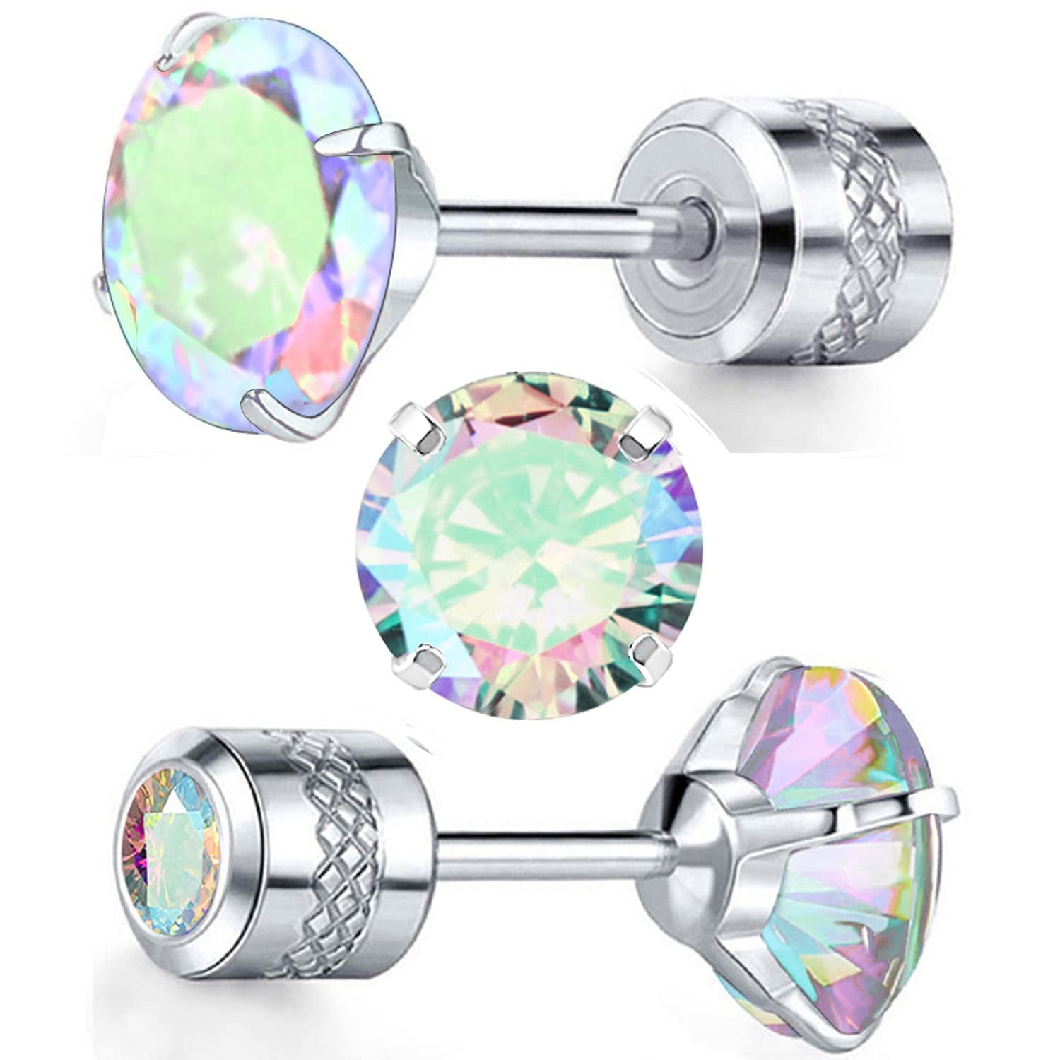 16g Titanium flat back earring stud 4mm bezel set aurora borealis gems –  Siren Body Jewelry