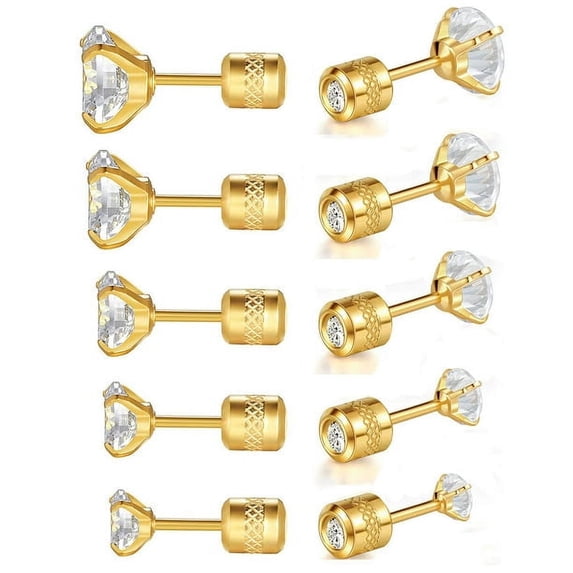 Titanium Screw Back Pack of Earrings Cubic Zirconia Double Sided Stud for Women Men 18K Gold Plated 20G Helix Piercing Surgical Stainless Steel Hypoallergenic for Sensitive Ears Simulated Diamond