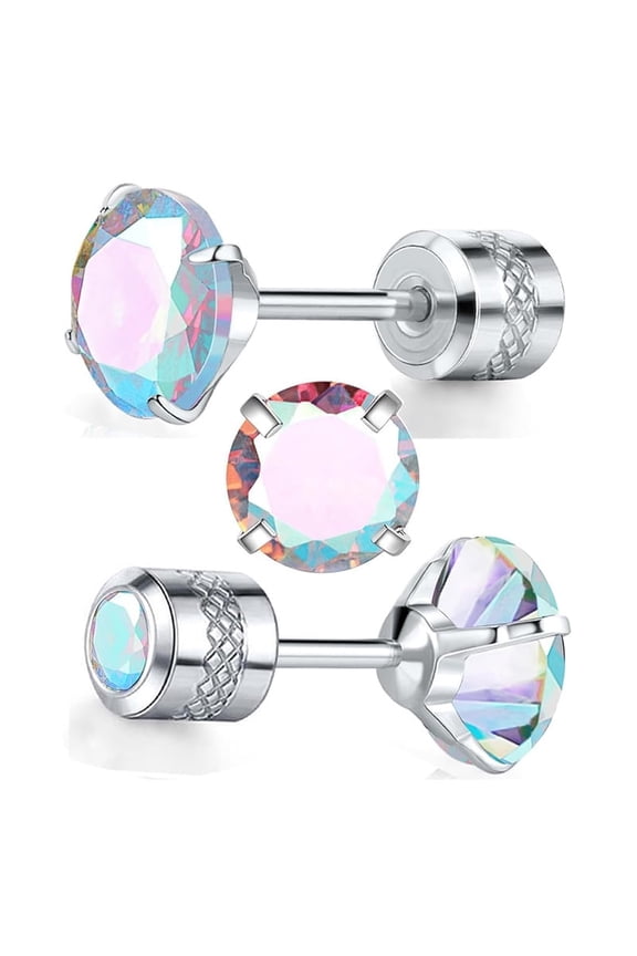 Titanium Screw Back Pack of Earrings Multiple Colorful Cubic Zirconia Double Sided Stud for Women Men 18K Gold Plated Surgical Stainless Steel Piercing Hypoallergenic for Sensitive Ears Tragus 20G