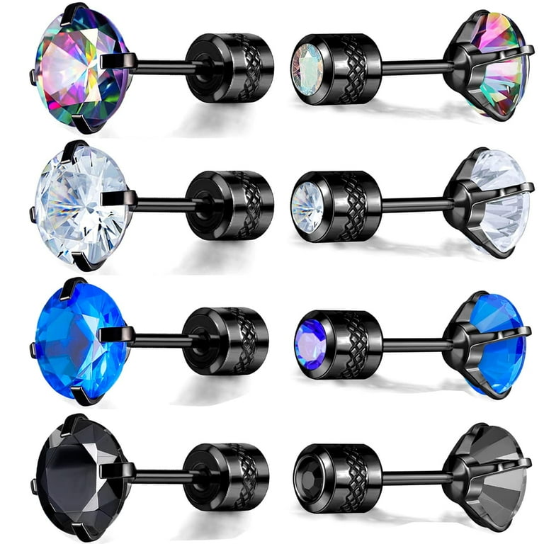 Titanium Screw Back Pack of Earrings Rainbow Cubic Zirconia