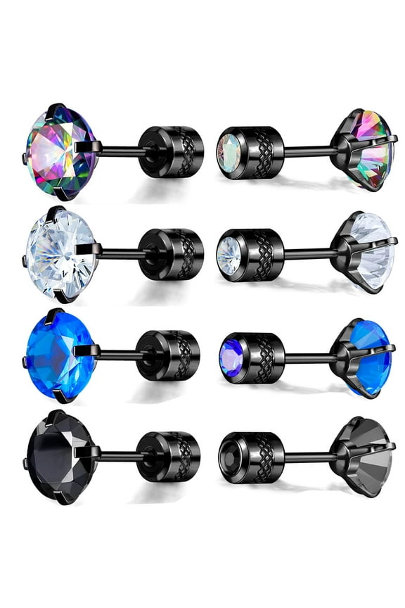 Titanium Screw Back Pack of Earrings Rainbow Cubic Zirconia Simulated Diamond Stud for Women Men Black Gold Plated Surgical Stainless Steel Helix Piercing Hypoallergenic for Sensitive Ears 20G Post