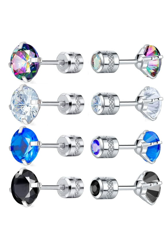 Titanium Screw Back Pack of Earrings Rainbow Cubic Zirconia Simulated Diamond Stud for Women Men White Gold Plated Surgical Stainless Steel Helix Piercing Hypoallergenic for Sensitive Ears 20G Post