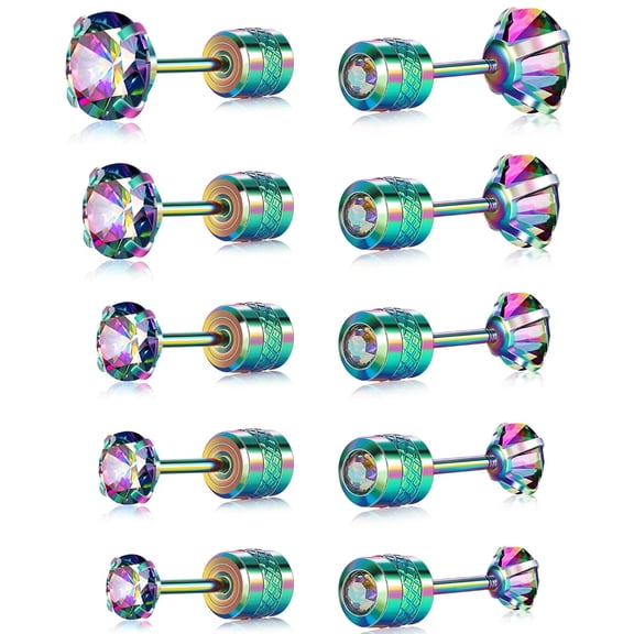 Titanium Screw Back Pack of Earrings Rainbow Cubic Zirconia Stud Set for Women Men Rainbow Gold Plated 20G Helix Piercing Surgical Stainless Steel Hypoallergenic for Sensitive Ears Simulated Diamond