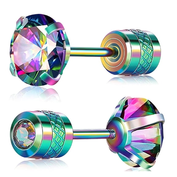 Titanium Screw Flat Back Pack of Earrings Rainbow Cubic Zirconia Simulated Diamond Stud for Women Men 18K Gold Plated Surgical Stainless Steel Helix Piercing Hypoallergenic for Sensitive Ears 20G