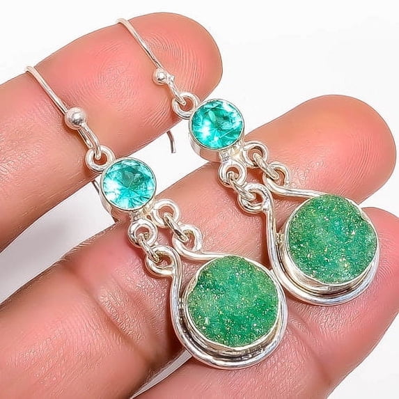 Titanium See Blue Agate Drusy & Neon Blue Apatite 925 Sterling Silver Earring 2.11" T22, Beautiful Jewelry For Woman, New Year Sale, Valentin's Day G
