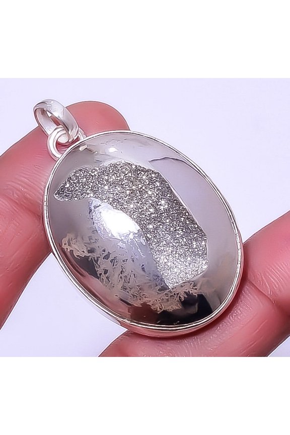 Titanium Silver Agate Drusy 925 Sterling Silver Pendant 1.95" P7312-41, Christmas Gift, Gemstone Silver Jewelry, Drusy Quartz Pendant, New Year Sale