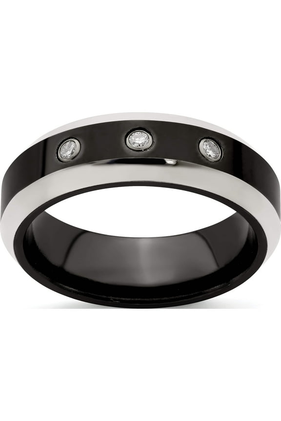 Titanium/Silver Two-Tone Edward Mirell Black Ti Beveled .09 Ct Dia With Sterling Silver Bezel 7mm Band (Size 11.5) Made In United States emr217-11.5