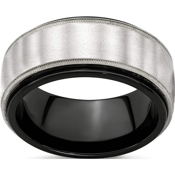 Titanium/Silver Two-Tone Edward Mirell Black Ti & Sterling Silver Brushed Polished Milgrain Ring (Size 9.5) Made In United States emr280-9.5