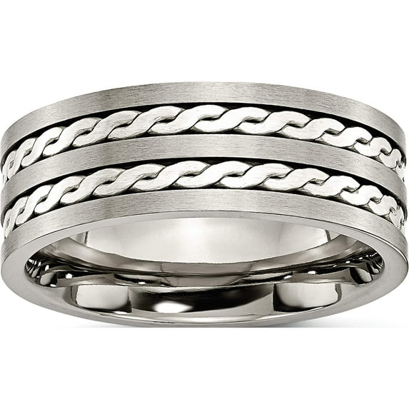 Titanium/Silver Two-Tone Titanium Antiqued & Brushed With Sterling Silver Braided Inlay 8mm Band (Size 10) Made In China tb216-10