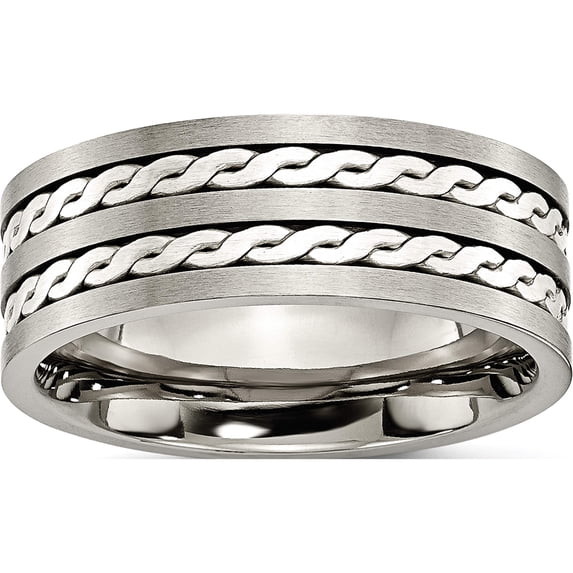 Titanium/Silver Two-Tone Titanium Antiqued & Brushed With Sterling Silver Braided Inlay 8mm Band (Size 14.5) Made In China tb216-14.5