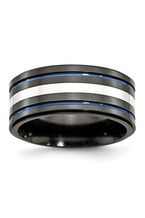Titanium/Silver Two-Tone Titanium Black Ti With/Sterling Silver Inlay Blue Anodized 10mm Band (Size 9.5) Made In United States tb399-9.5