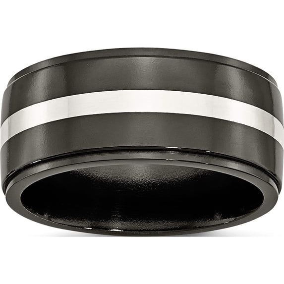 Titanium/Silver Two-Tone Titanium Black Ti With Sterling Silver Inlay Polished 10mm Band (Size 9) Made In United States tb288-9