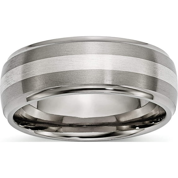 Titanium/Silver Two-Tone Titanium Brushed/Polished With Sterling Silver Inlay 8mm Ridged Edge Band (Size 8.5) Made In China tb16-8.5