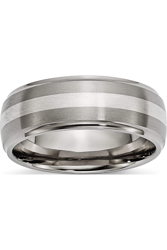 Chisel Titanium Brushed and Polished with Sterling Silver Inlay 8mm Ridged Edge Band