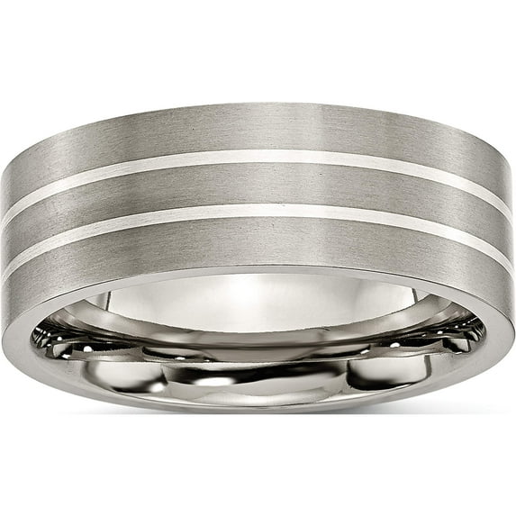 Titanium/Silver Two-Tone Titanium Brushed With Sterling Silver Inlay 8mm Flat Band (Size 7) Made In China tb213-7