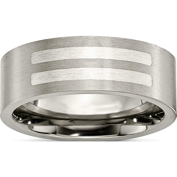 Titanium/Silver Two-Tone Titanium Brushed With Sterling Silver Inlay 8mm Flat Band (Size 9.5) Made In China tb370-9.5