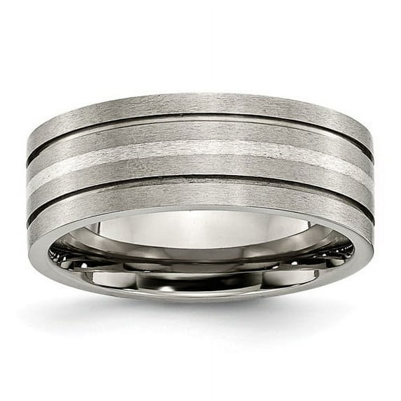 Titanium/Silver Two-Tone Titanium Brushed With Sterling Silver Inlay 8mm Grooved Band (Size 10.5) Made In China tb372-10.5