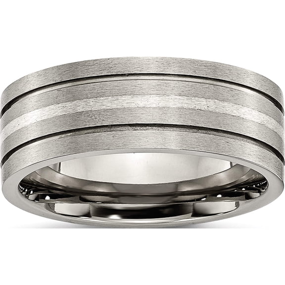 Titanium/Silver Two-Tone Titanium Brushed With Sterling Silver Inlay 8mm Grooved Band (Size 11) Made In China tb372-11