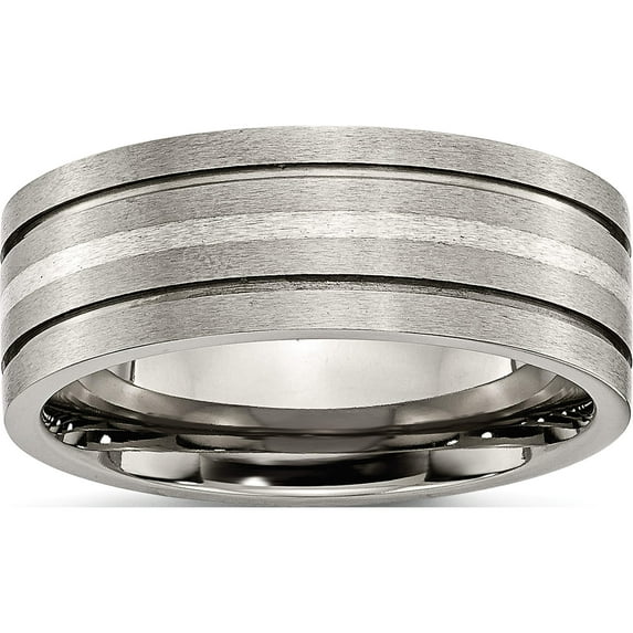 Titanium/Silver Two-Tone Titanium Brushed With Sterling Silver Inlay 8mm Grooved Band (Size 12) Made In China tb372-12