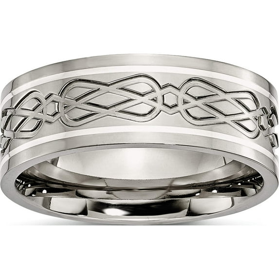 Titanium/Silver Two-Tone Titanium Polished With Sterling Silver Inlay Celtic Knot 8mm Flat Band (Size 8) Made In China tb79-8