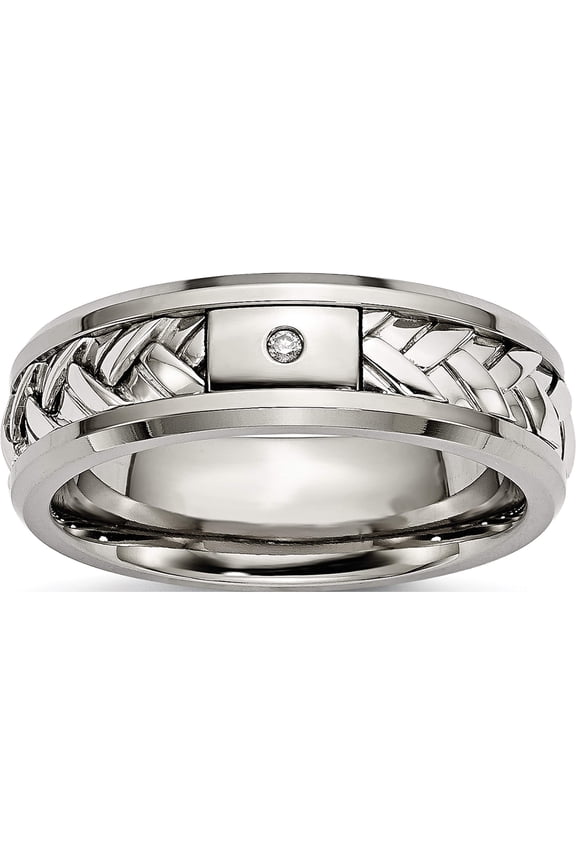 Titanium/Silver Two-Tone Titanium With Sterling Silver Inlay Polished 1Pt. Diamond 7mm Band (Size 12) Made In China tb440a-12