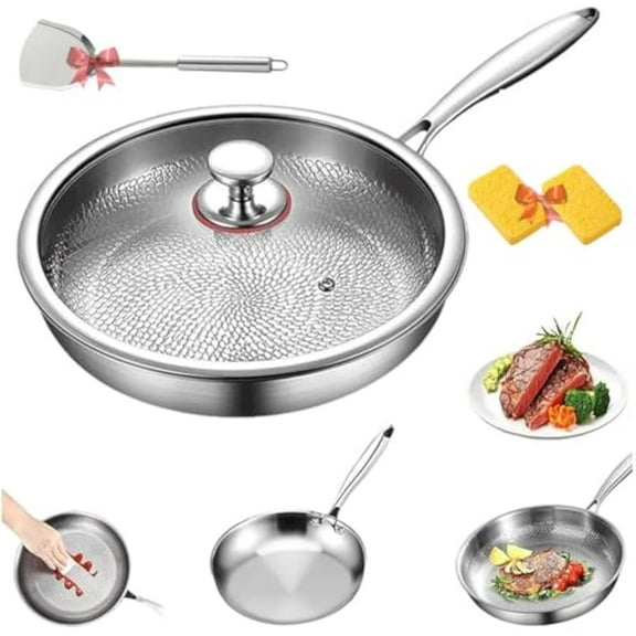 Titanium Skillet Pans with Lid, Ultra-Durable Pure Titanium Pan Cookware Set, Multifunctional Titaniums Frying Pan Nonstick for Cooking Without Coating Durable and Rust-Free(10.23inWith Lid)