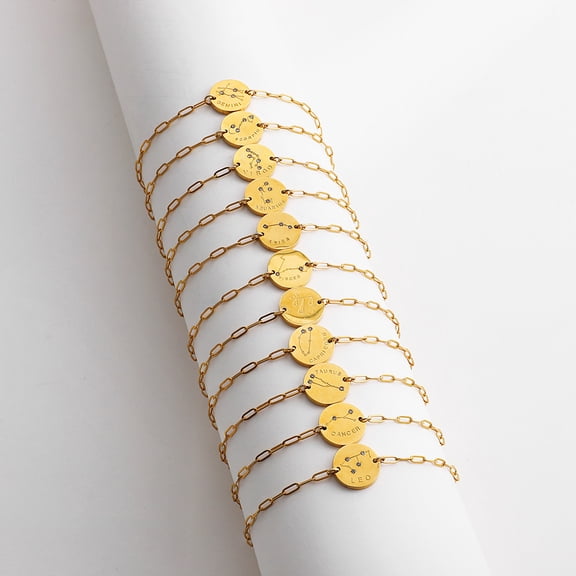 Titanium Steel 18K Gold Round Plate Twelve Constellation Star Chart Inlaid With Diamonds Bracelet