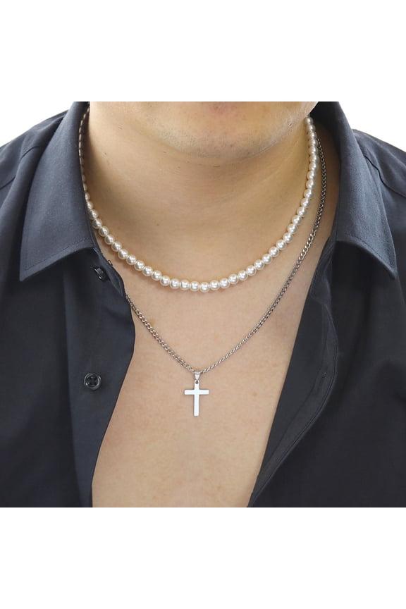Titanium Steel Cross Double Layer Twin Pearl Necklace