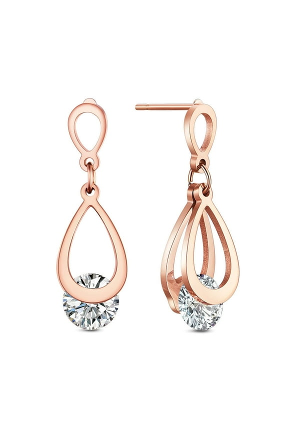 Titanium Steel Dangle Stud Earrings with Grade AAA Cubic Zirconia teardrop Clear Rose Gold 7.5x4.5mm 12.9x7.5mm