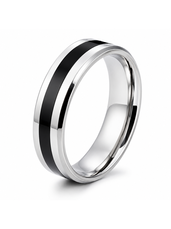 Titanium Steel Minimalist Band Ring - Silver and Black Contrast Two-Tone Jewelry, Waterproof Non-Tarnish Hypoallergenic Fashion Finger Ring for Men Women