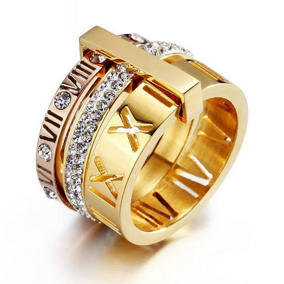 Titanium Steel Rhombus Ring Exotic Inlaid Zircon Two Tone Fashion Ring with Diamond Roman Letters Nippon Korea