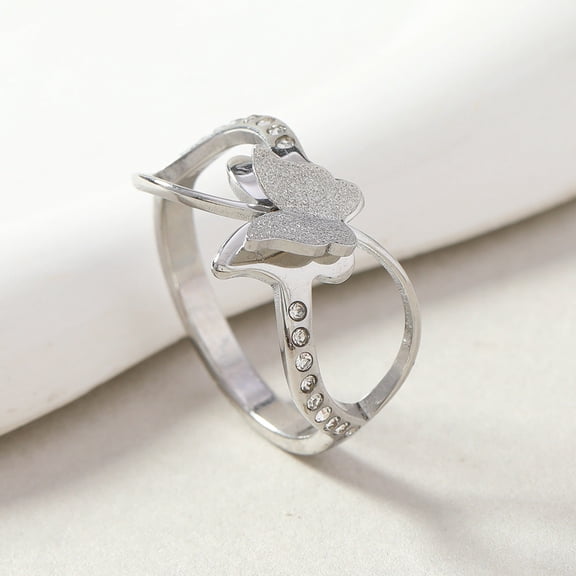 Womens Stainless Steel Double Layer Frosted Cross Ring with Diamond Treatment Geometric Butterfly Design Stainless