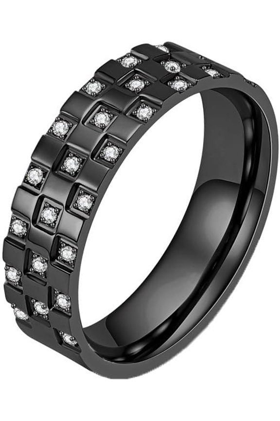 Titanium Steel Ring with Cubic Zirconia Unisex Checkerboard Pattern Stackable Band Modern Geometric Jewelry Gift for Couple