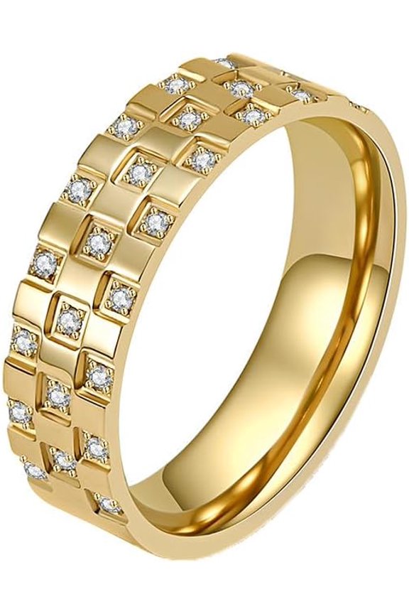 Titanium Steel Ring with Cubic Zirconia Unisex Checkerboard Pattern Stackable Band Modern Geometric Jewelry Gift for Couple