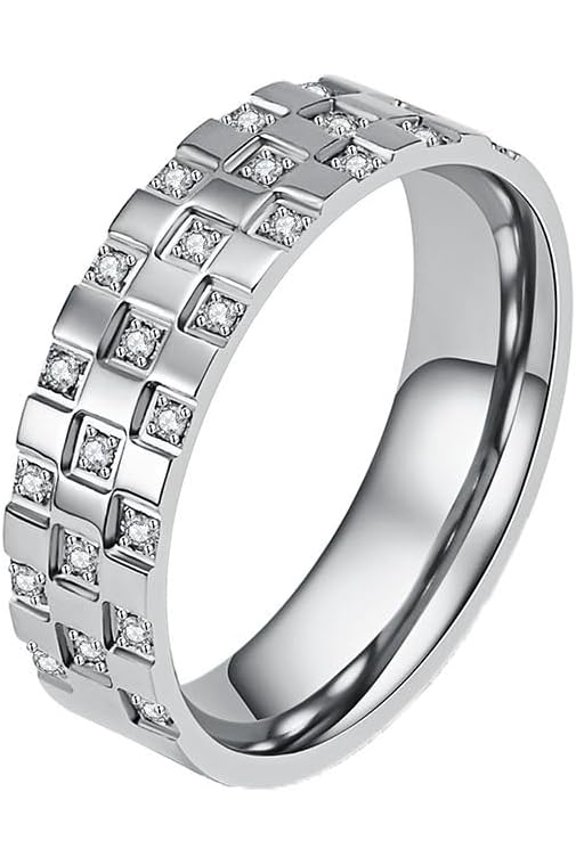 Titanium Steel Ring with Cubic Zirconia Unisex Checkerboard Pattern Stackable Band Modern Geometric Jewelry Gift for Couple