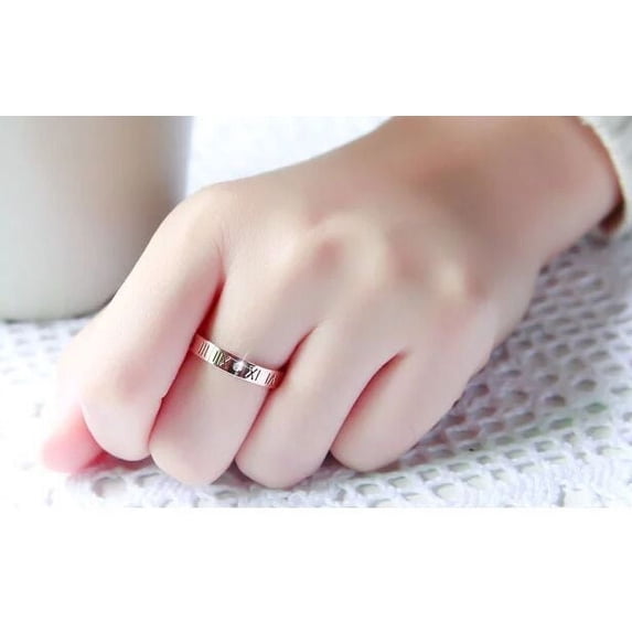Titanium Steel Couple Rings with Roman Numeral and Diamond Accent Matching Bands His and Hers Anniversary Rings 4MM