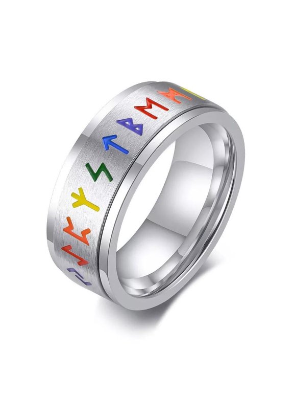 Titanium Steel Rotating Brushed Ring Men Silver Tribal Viking Totem Celtic Rune Size 9 R31