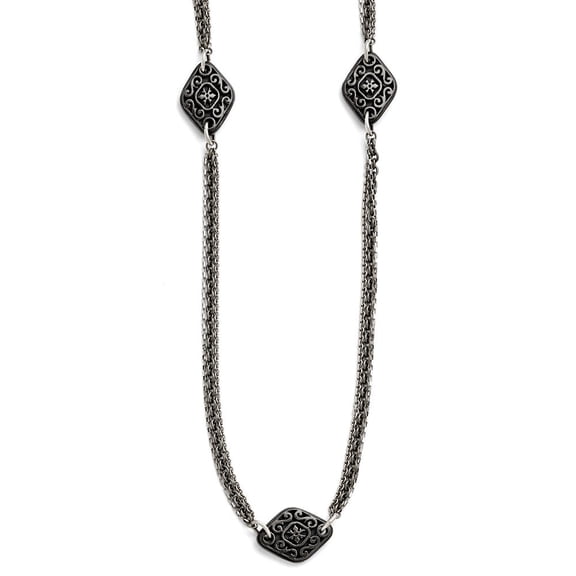Titanium Ster.sil Black Ti Polished Etched Charms Necklace - 34 Inch