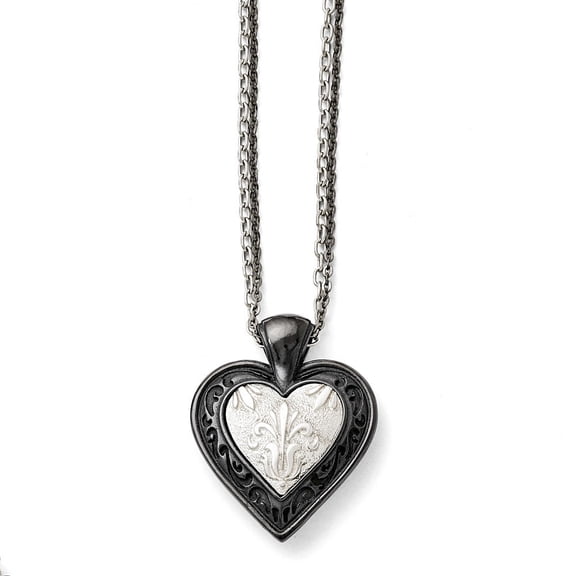 Titanium Ster.sil Black Ti Polished Etched Heart With 2 Chain Necklace - 18.25 Inch