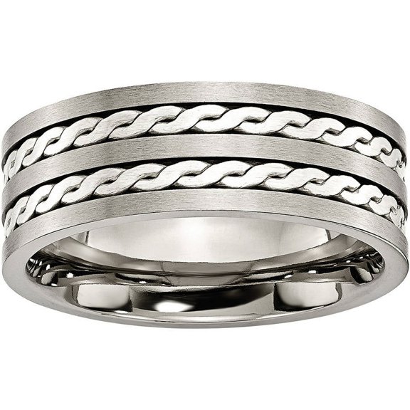 Titanium Sterling Silver Braided Inlay 8mm Brushed and Antiqued Band