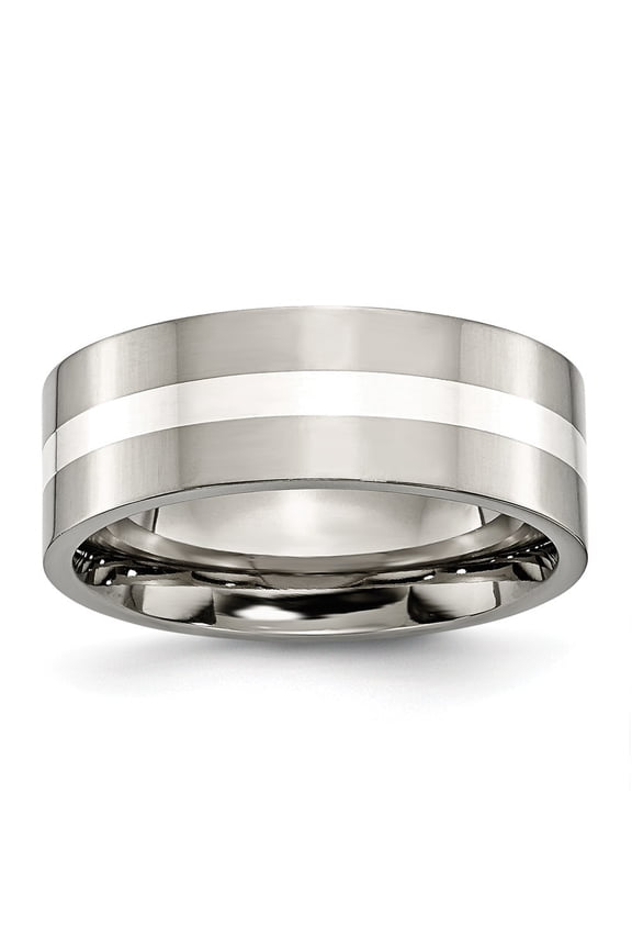 Titanium Sterling Silver Inlay 8mm Polished Band - Size 12