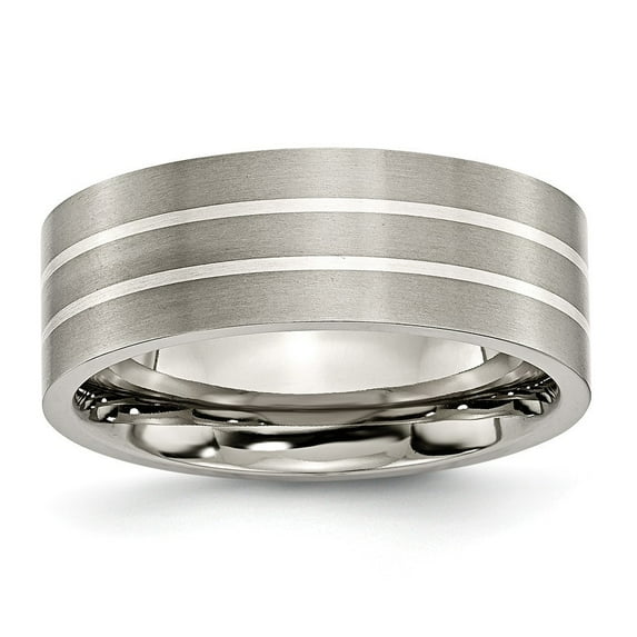 Titanium Sterling Silver Inlay 8mm Satin Band Ring Size 8.5